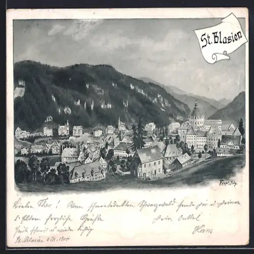 Künstler-AK St. Blasien, Panorama mit Gebirgswand