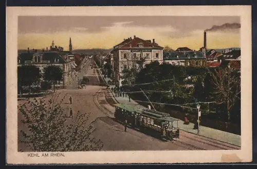 AK Kehl, Strassenpartie mit Strassenbahn und Hotel am Saumen