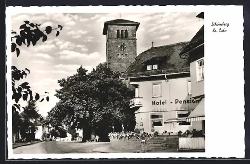 AK Schömberg /Calw, Ortspartie bei der Kirche mit Hotel Pension