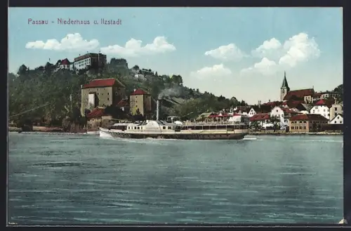 AK Passau, Flusspartie mit Blick auf Niederhaus u. Ilzstadt
