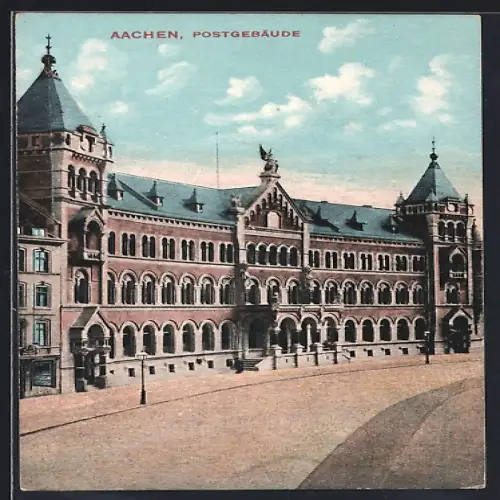 AK Aachen, Strassenpartie am Postgebäude
