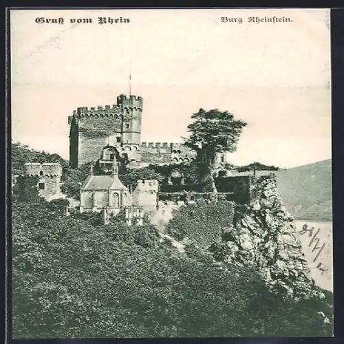 AK Rheinstein, Blick auf die Burg mit Rhein