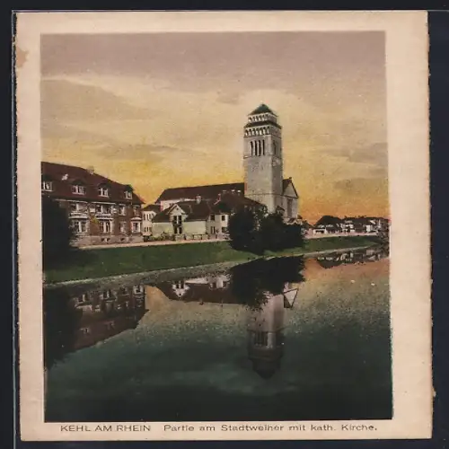 AK Kehl, Partie am Stadtweiher mit katholischer Kirche