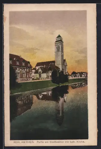 AK Kehl, Partie am Stadtweiher mit katholischer Kirche