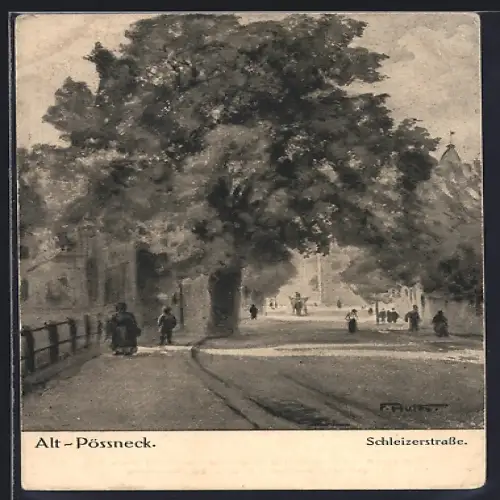 Künstler-AK Pössneck, Schleizerstrasse mit Passanten