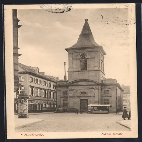 AK Karlsruhe, Litfassäule an der kleinen Kirche