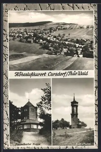 AK Cursdorf / Thür. Wald, Ortsansicht, Meuselbacher Kuppe, Fröbelturm