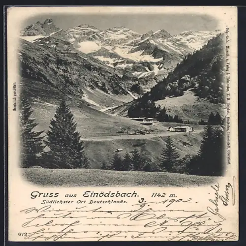AK Einödsbach, Ortspartie mit Bergpanorama