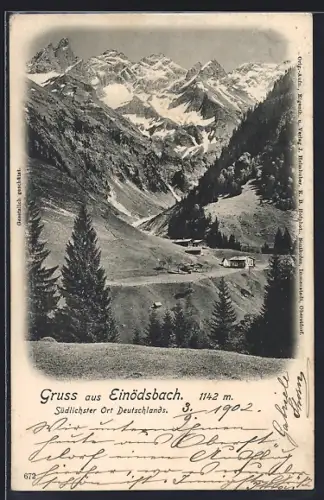 AK Einödsbach, Ortspartie mit Bergpanorama