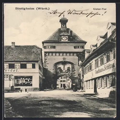 AK Bietigheim i. Württ., Unter-Tor mit Gasthaus zum Schützen