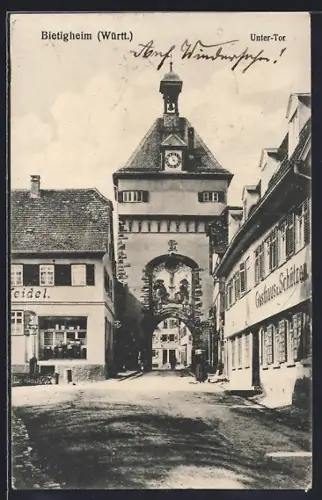 AK Bietigheim i. Württ., Unter-Tor mit Gasthaus zum Schützen