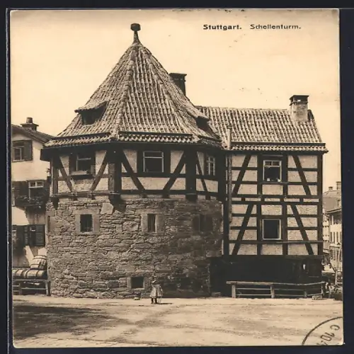 AK Stuttgart, Schellenturm mit Kind auf dem Vorplatz