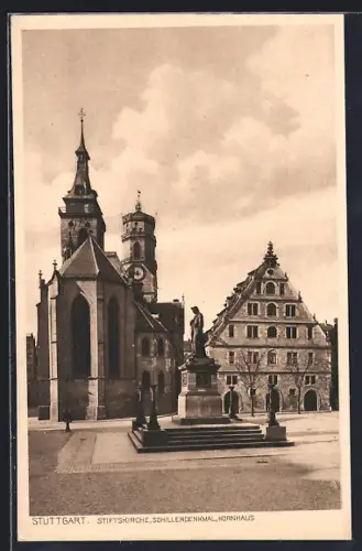 AK Stuttgart, Stiftskirche, Schillerdenkmal und Kornhaus