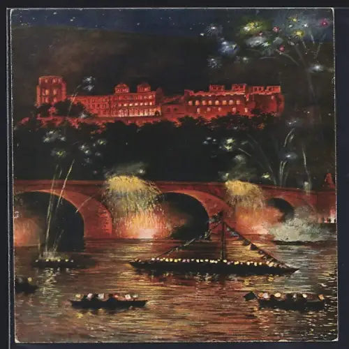 Künstler-AK Heidelberg, Schlossbeleuchtung mit Feuerwerk