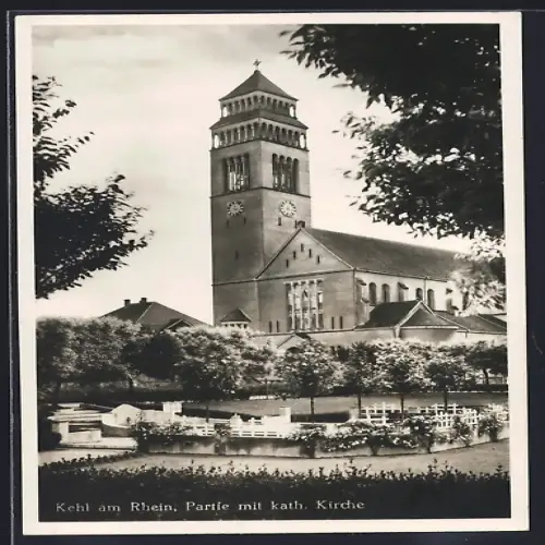 AK Kehl am Rhein, Ortspartie mit kath. Kirche