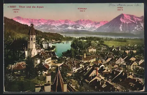 AK Thun, Ortsansicht mit Alpenpanorama