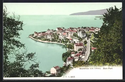 AK Montreux, Bon Port, Blick auf den Ort mit Eisenbahnanlagen