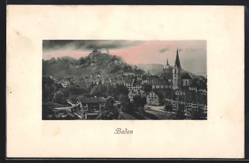 AK Baden, Ortspartie mit Kirche am Abend