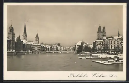 AK Zürich, Blick von der Quaibrücke mit Kirche im Winter, Weihnachtsgruss