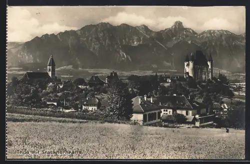 AK Thun, Teilansicht mit Burg und Stockhornkette