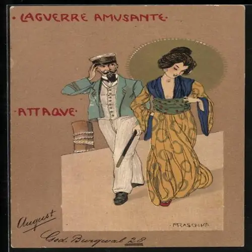 Künstler-AK Raphael Kirchner: Lagverre Amusante, Attaque, Kapitän beim Flirt