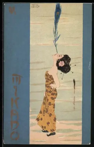 Künstler-Lithographie Raphael Kirchner: Mikado, Dame balanciert Pfauenfeder