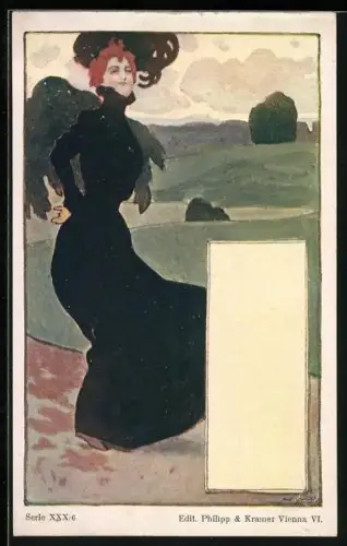 Künstler-AK Walter Hampel, Serie XXX /6: elegante Frau im schwarzen Kleid, Jugendstil