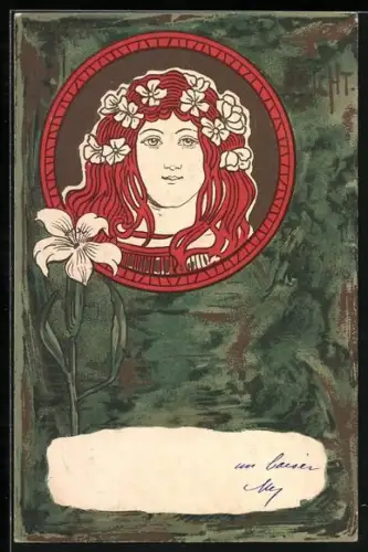 Künstler-AK sign. Jos. Gaber: Dame mit Blumen im Haar, Jugendstil