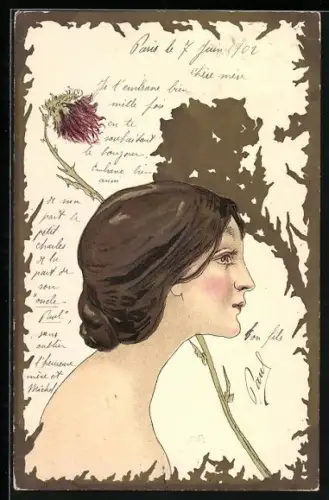 AK Junge Frau mit einer Blume, Jugendstil
