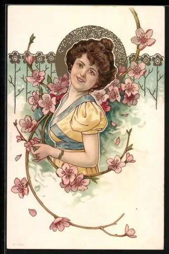 Lithographie Fräulein und blühende Zweige, Jugendstil