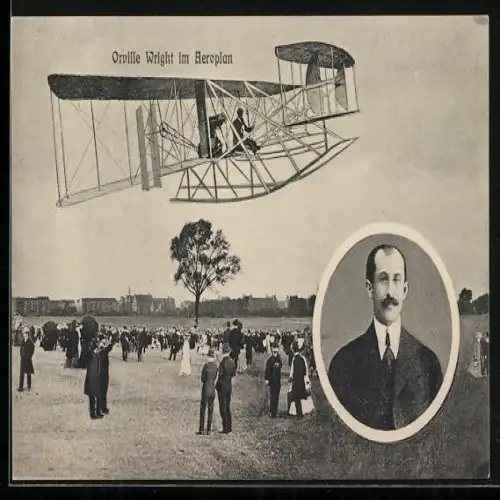AK Pilot Orville Wright mit seinem Flugzeug, Porträt
