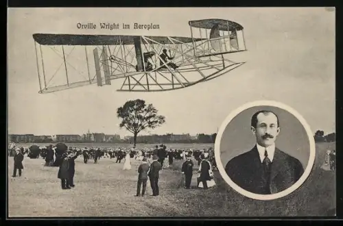 AK Pilot Orville Wright mit seinem Flugzeug, Porträt