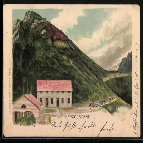 Lithographie Seiling-Nr. 46: Herzogstand, Wanderer kommen zur Berghütte, Berg mit Gesicht / Berggesichter