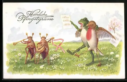 Künstler-AK C. Öhler: Frosch und Vogel singen gemeinsam, Käfer musizieren