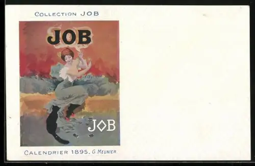 Künstler-AK Reklame für JOB Tabak, Frau mit schwarzer Katze, Jugendstil
