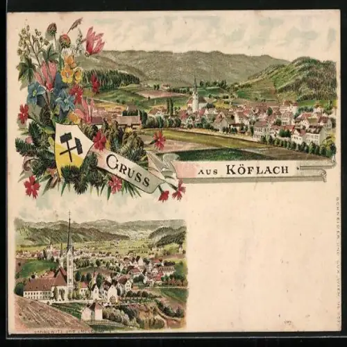Vorläufer-Lithographie Köflach, 1894, Ortsansichten aus der Vogelschau, Wappen