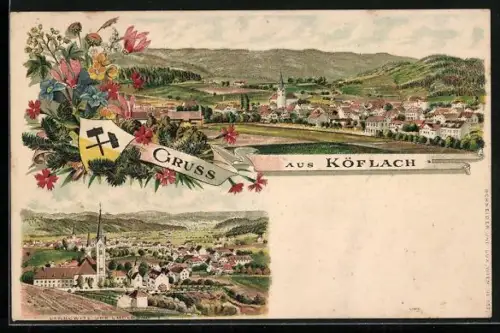 Vorläufer-Lithographie Köflach, 1894, Ortsansichten aus der Vogelschau, Wappen