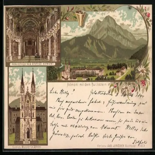 Vorläufer-Lithographie Admont, 1894, Bibliothek des Stiftes Admont, Blasius Münster, Blick gegen den Buchstein
