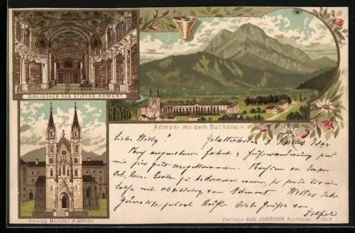 Vorläufer-Lithographie Admont, 1894, Bibliothek des Stiftes Admont, Blasius Münster, Blick gegen den Buchstein