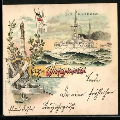 Lithographie Wilhelmshaven, SMS Kurfürst Fr. Wilhelm auf hoher See, Prinz Adalbert-Denkmal