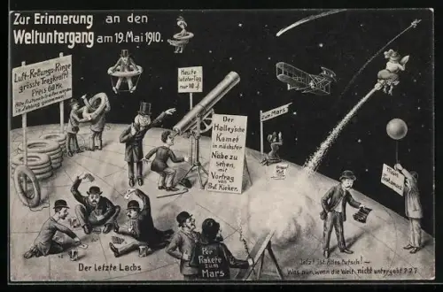 AK Weltuntergang am 19. Mai 1910, Mann schaut durch ein Teleskop, Frau rettet sich mit Rakete auf den Mars