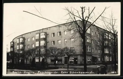 Foto-AK Berlin-Steglitz, Poschingerstrasse Ecke Schönhauserstrasse mit Geschäft, Bauhaus