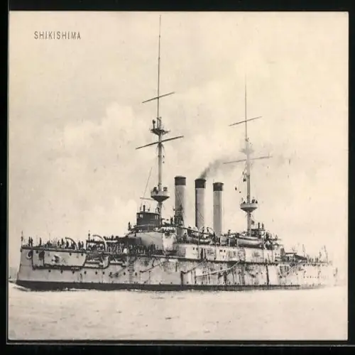 AK Japanisches Kriegsschiff Shikishima auf hoher See