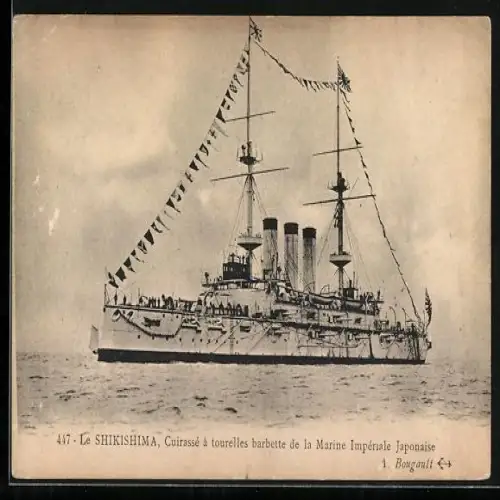 AK Japanisches Kriegsschiff Shikishima auf hoher See