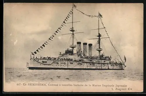 AK Japanisches Kriegsschiff Shikishima auf hoher See
