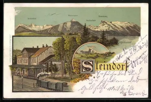 Lithographie Strasswalchen, Steindorf, Bahnhof mit Eisenbahn, Totalansicht mit Berglandschaft