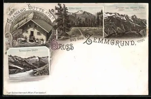 Lithographie Grawand-Hütte /Tirol, Zemmgrund, Schwarzsee, Ruffler und Grosser und Kleiner Greiner