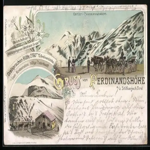Lithographie Ferdinandshöhe a / d. Stilfserjoch, Ortler Panorama, Dreisprachen-Hütte