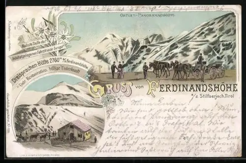 Lithographie Ferdinandshöhe a / d. Stilfserjoch, Ortler Panorama, Dreisprachen-Hütte