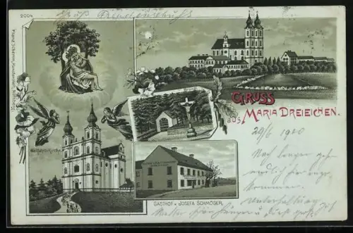 Mondschein-Lithographie Maria Dreieichen, Gasthof v. Josefa Schmöger, Wallfahrts-Kirche, Bründl